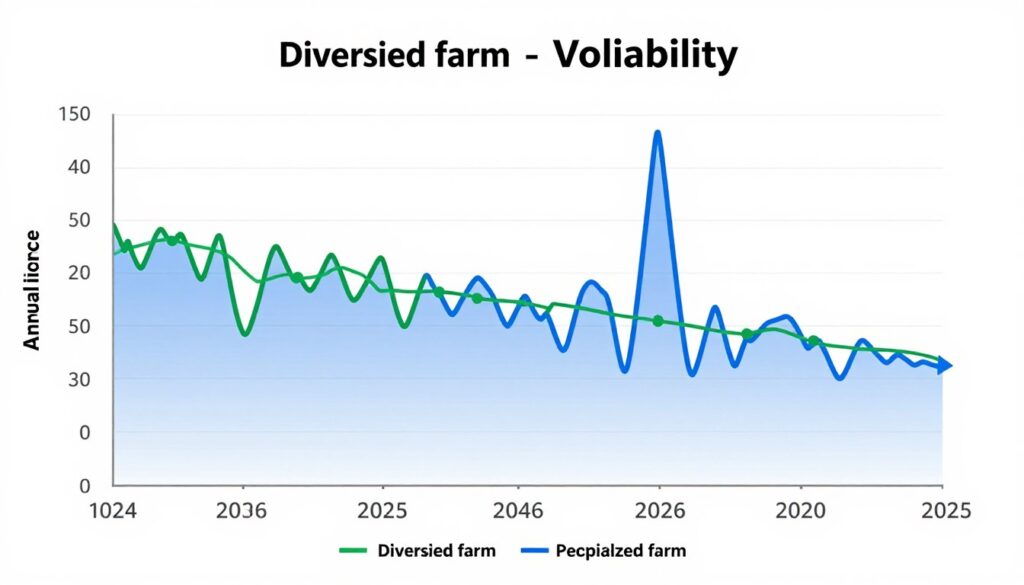 Gráfico mostrando volatilidade de renda ao longo dos anos comparando propriedade diversificada versus especializada