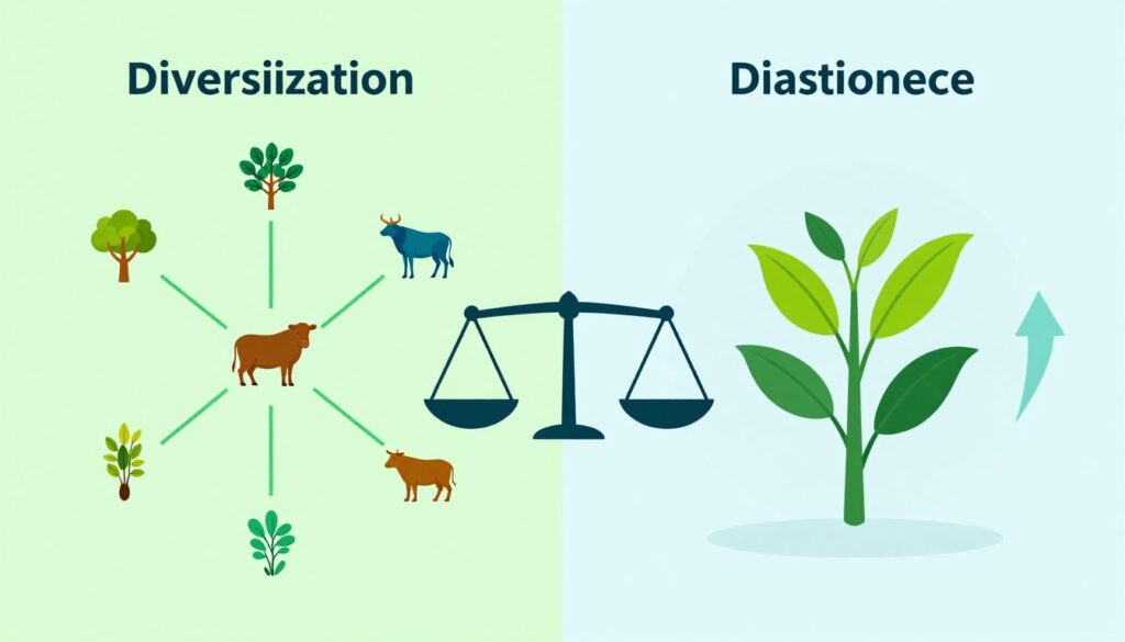 Infográfico visual comparando prós e contras da diversificação versus especialização em propriedades rurais