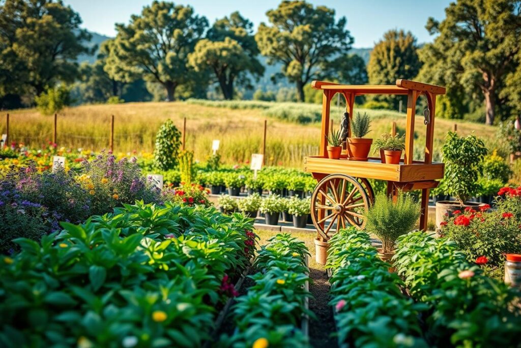 Lush and vibrant sensory garden designed for commercialization, featuring a variety of aromatic, medicinal, and edible plants in the foreground. Include neatly organized rows of herbs like basil, rosemary, and mint alongside colorful flowering plants to entice potential customers. In the mid-ground, showcase a quaint wooden cart displaying potted plants and simple herbal products for sale. The background features a serene natural landscape with soft sunlight filtering through trees, creating a warm and inviting atmosphere. Use a shallow depth of field to focus on the plants and cart while softening the distant background. The scene should evoke a sense of tranquility, growth, and opportunity in sustainable business, with a clear blue sky enhancing the idyllic setting.