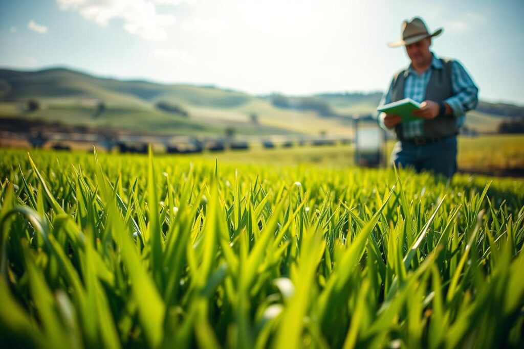 Lush, green intensive pastureland with vibrant Capim Mombaça grass, demonstrating optimal fertilization techniques for enhanced dairy production. In the foreground, focus on well-groomed grass blades, showcasing a fresh, healthy appearance. In the middle ground, a farmer in professional attire examines soil samples while holding a fertilization spreader, ensuring balanced nutrient distribution. The background features a picturesque landscape of rolling hills and a clear blue sky, with a subtle irrigation system visible, suggesting a state-of-the-art agricultural environment. Soft, natural lighting casts gentle shadows, enhancing the vitality of the scene. The overall mood is hopeful and productive, reflecting the theme of sustainable farming and improved milk yield per hectare.