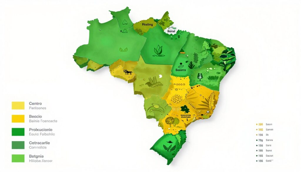 Mapa do Brasil destacando diferentes regiões e seus padrões de produção agrícola em pequenas propriedades