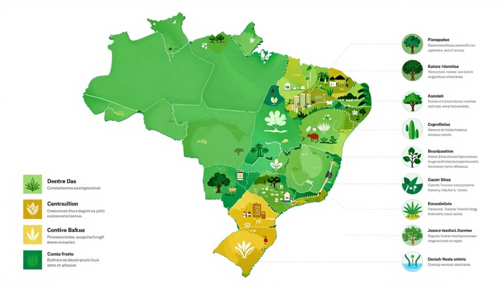 Mapa do Brasil mostrando diferentes padrões de produção agrícola por região