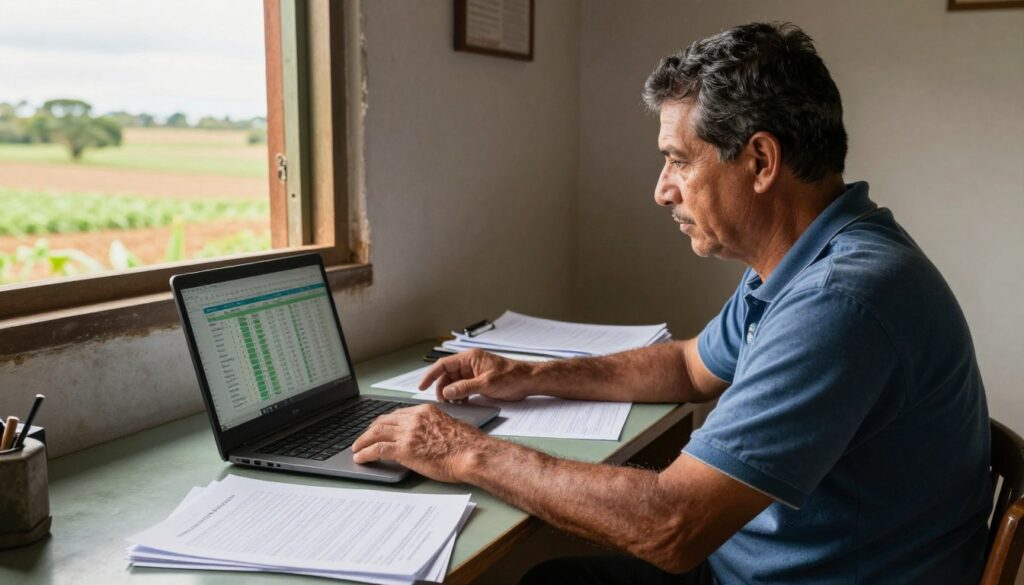 Produtor rural analisando dados e tomando decisões sobre estratégia de produção