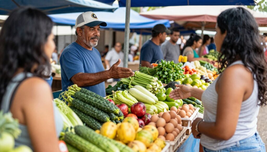 Produtor rural negociando venda de produtos em feira livre