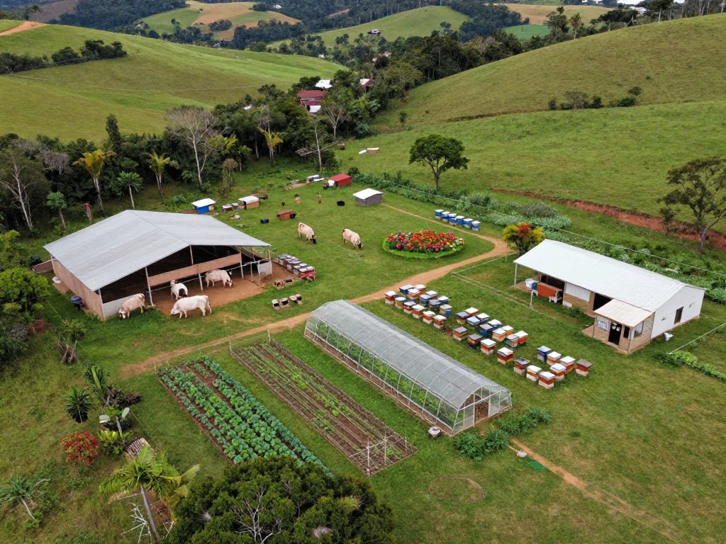 Propriedade rural diversificada mostrando diferentes áreas de produção integradas