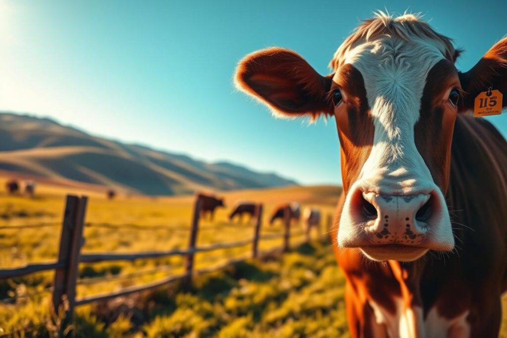 A close-up image of a tranquil cattle farm, focusing on a brown and white dairy cow wearing a bright identification tag on its ear. In the foreground, the cow stands calmly in the lush green pasture, showcasing the tag clearly. The middle ground highlights a rustic wooden fence and additional cows grazing peacefully. The background features rolling hills under a clear blue sky illuminated by soft, warm sunlight, creating a serene atmosphere. The scene is captured with a shallow depth of field, utilizing a 50mm lens to blur the background slightly and direct attention to the cow and its ID tag. The mood is peaceful and productive, representing the importance of individual identification in livestock management. A close-up image of a tranquil cattle farm, focusing on a brown and white dairy cow wearing a bright identification tag on its ear. In the foreground, the cow stands calmly in the lush green pasture, showcasing the tag clearly. The middle ground highlights a rustic wooden fence and additional cows grazing peacefully. The background features rolling hills under a clear blue sky illuminated by soft, warm sunlight, creating a serene atmosphere. The scene is captured with a shallow depth of field, utilizing a 50mm lens to blur the background slightly and direct attention to the cow and its ID tag. The mood is peaceful and productive, representing the importance of individual identification in livestock management.