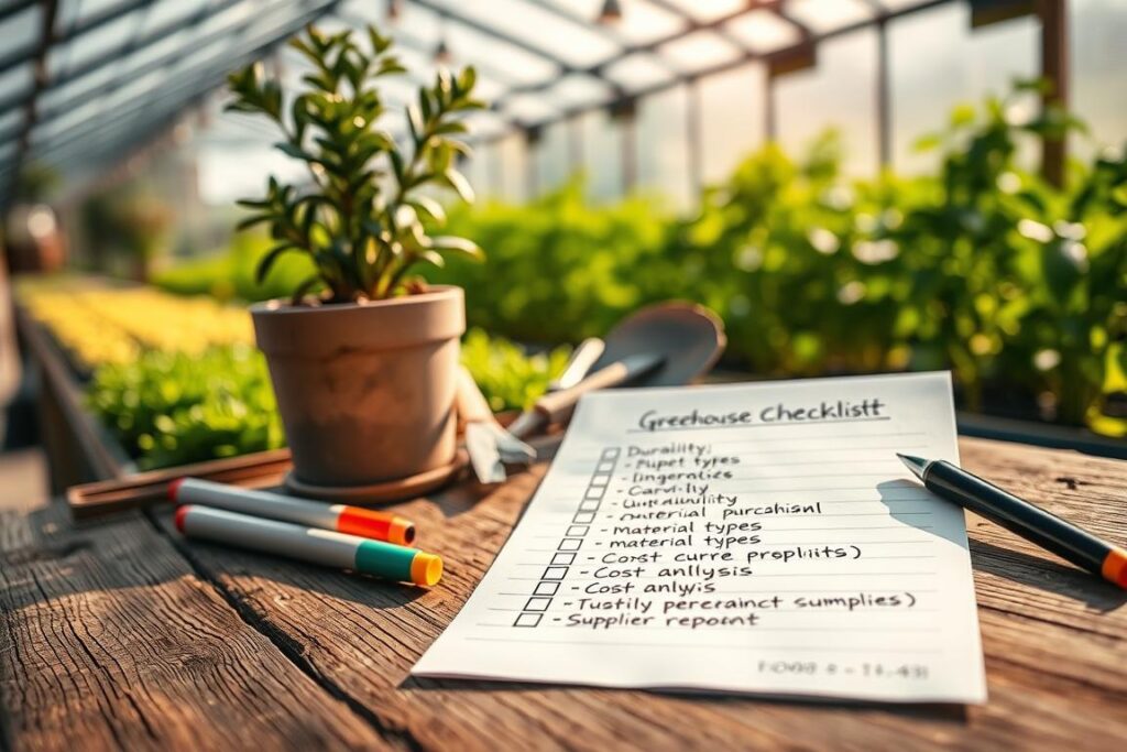 A close-up view of a beautifully organized agricultural purchasing checklist for greenhouse selections, prominently displayed on a rustic wooden table. In the foreground, the checklist features bullet points for criteria such as durability, material types, cost analysis, and supplier reputation, all hand-written with colorful markers. In the middle ground, a potted plant and gardening tools provide depth, creating a connection to agricultural practices. The background reveals a softly lit greenhouse interior with lush green plants thriving under natural light, enhancing the theme of growth and investment. The atmosphere is warm and inviting, conveying a sense of preparation and professionalism, illuminated by gentle sunlight streaming through the greenhouse glass.