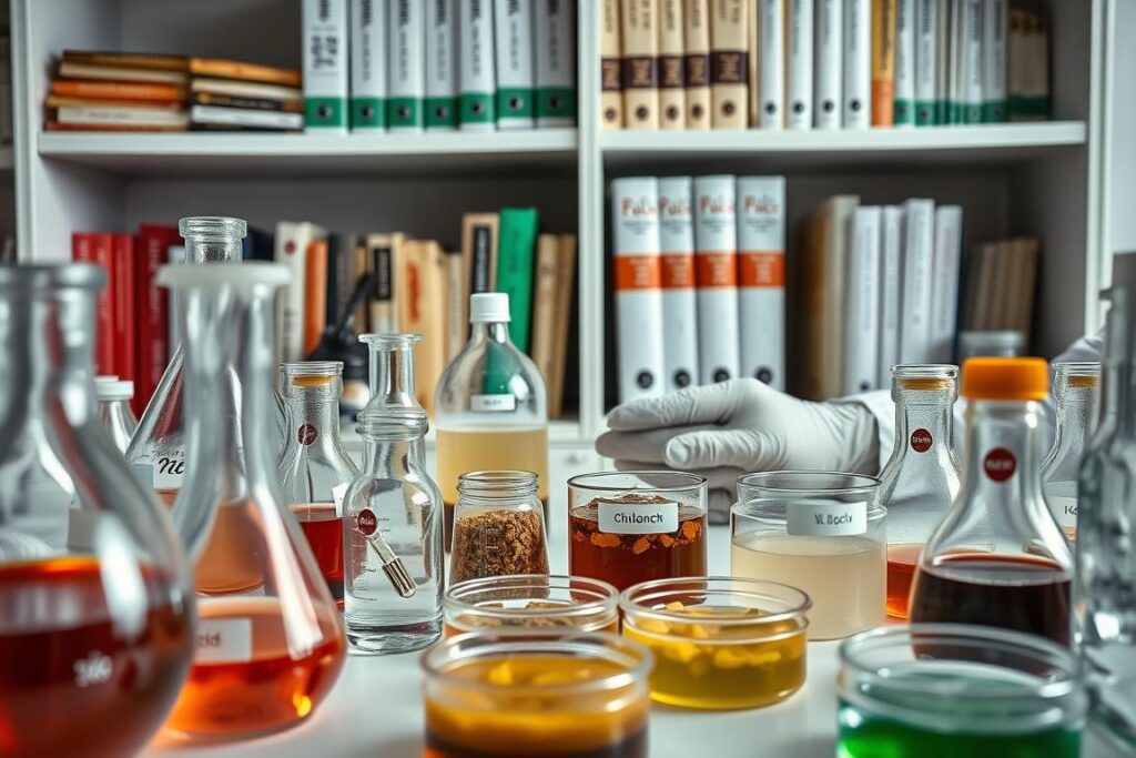 A close-up view of a laboratory workstation filled with various bioinsumos, emphasizing a clean and organized setup. In the foreground, glass beakers and petri dishes, some filled with microbial cultures, showcase the scientific approach to agriculture. In the middle ground, a pair of hands in professional business gloves carefully label samples, conveying a sense of precision and care. The background features shelves with neatly arranged books on microbial multiplication and agricultural best practices. Soft, diffused lighting highlights the textures of the materials, creating a focused, serious atmosphere that suggests professionalism and caution against 