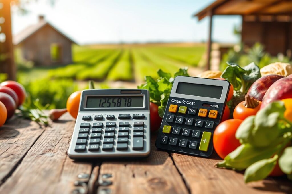 A conventional calculator and an organic cost calculator placed on a rustic wooden table, surrounded by fresh organic produce like vegetables and fruits. The scene captures the essence of organic farming, with the calculators showcasing contrasting designs; one is classic with numerical buttons, while the other is more modern and eco-friendly. In the background, blurred images of a small farm with green fields and a clear blue sky add depth. The lighting is warm and inviting, emphasizing the organic theme, with soft shadows creating a relaxed atmosphere. A close-up perspective focuses on the calculators and produce, inviting viewers to ponder the profitability of organic farming.