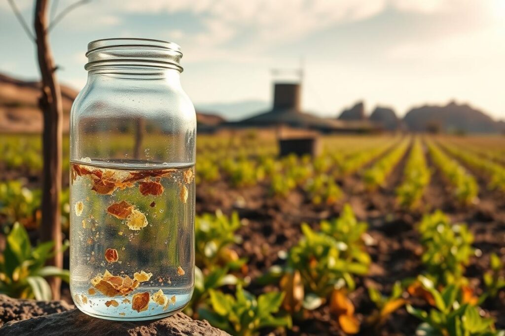 A detailed agricultural scene depicting specific contaminants that can compromise production. In the foreground, show a water sample in a transparent glass jar, highlighting impurities like sediment and algae. The middle ground features a rustic farm with crops affected by water issues, such as wilting plants and discolored leaves, symbolizing the impact on agriculture. In the background, a well and a spring emerge from rocky terrain, illustrating the source of potential water problems. Soft, natural lighting creates a sense of urgency, capturing the importance of quality water for farming. The lens is focused on the water sample, drawing attention to its clarity, while the rest of the scene gradually blurs, emphasizing the contamination theme. The atmosphere conveys a mix of concern and reflection on agricultural sustainability.