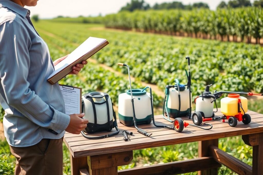 A detailed checklist for purchasing a sprayer suitable for small properties, depicted in a well-organized outdoor setting. In the foreground, a professional, modestly dressed individual holds a clipboard with a checklist, examining different sprayer models displayed on a wooden table. The middle ground features various types of sprayers, including backpack, handheld, and wheeled models, arranged neatly for comparison. In the background, a lush green landscape with rows of crops under a bright, sunny sky adds depth and context, evoking a sense of agriculture. Soft, natural lighting enhances the scene, creating an inviting atmosphere, while a slight depth of field focuses on the sprayers, ensuring clarity and highlighting their features.