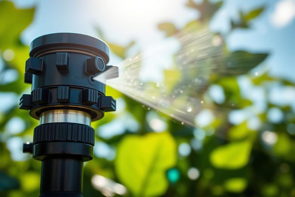 A detailed close-up of a pesticide spray nozzle specifically designed for fungicides, showcasing its intricate features like multiple spray tips and adjustable settings. The foreground highlights the nozzle, showing water droplets misting out, creating a soft spray pattern. The middle ground features blurred green foliage, emphasizing the agricultural setting. In the background, a clear blue sky provides contrast, with soft sunlight shining down, enhancing the overall brightness of the image. Use a shallow depth of field to focus on the nozzle while slightly blurring the surroundings. The mood should convey precision and efficiency in agricultural practices, representing modern farming equipment suitable for small properties.