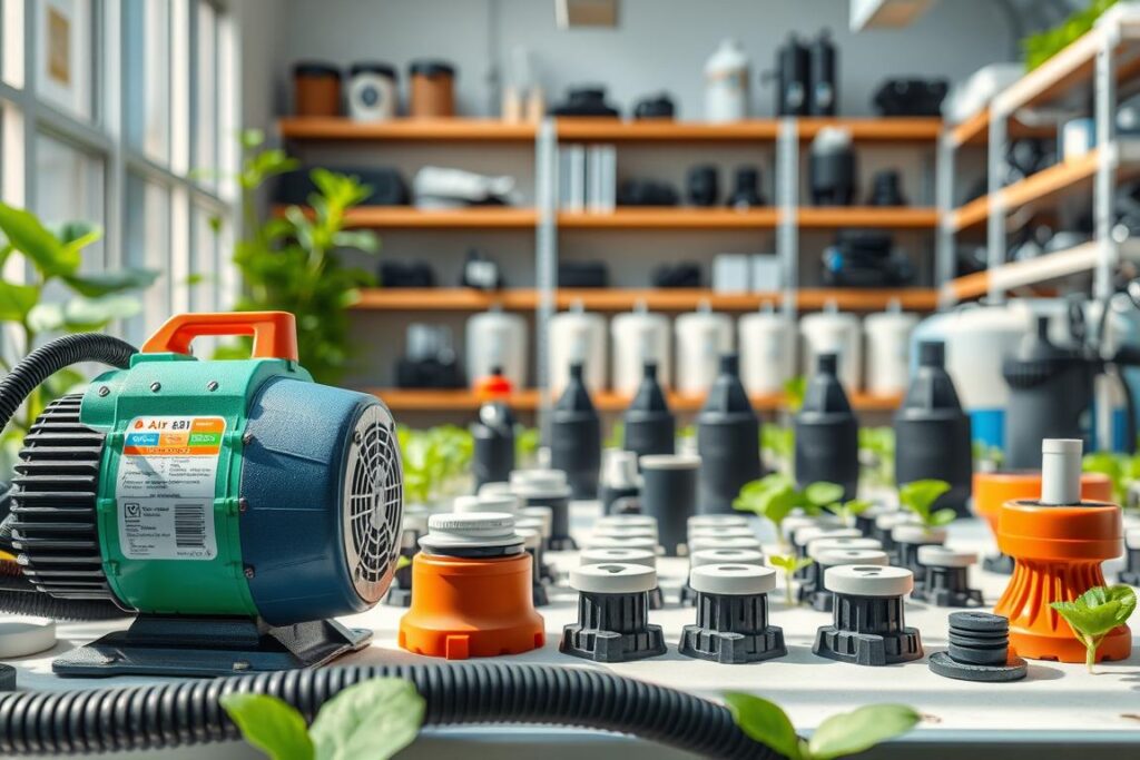 A detailed illustration showcasing essential aquaponics equipment, featuring a variety of air pumps and aeration devices in a well-lit indoor setting. In the foreground, focus on an industrial air pump with vibrant colors and visible brand labels, surrounded by hoses and tubing. The middle ground should depict a series of aeration stones and diffusers, slightly blurred to emphasize depth. In the background, include shelves lined with different types of water pumps and filtration systems, all arranged systematically. Use natural lighting to create a bright, clean atmosphere, with a shallow depth of field to keep the main subjects in sharp focus. Aim for a professional, informative mood that highlights the significance of each piece of equipment in aquaponics setup.