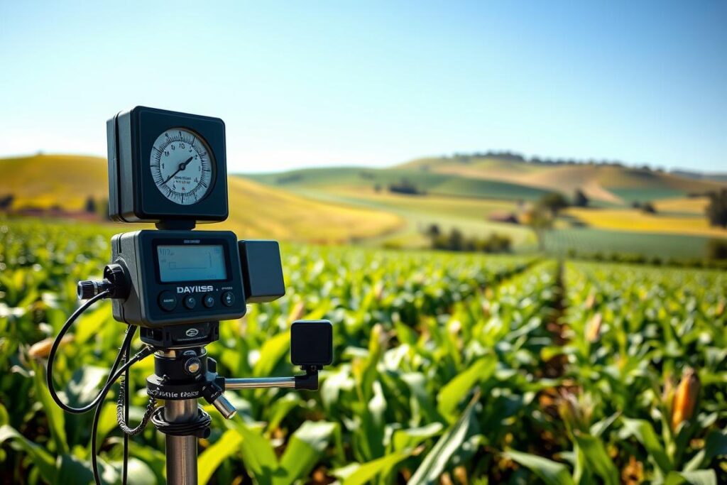 A detailed image of a Davis weather station set in a rural Brazilian farm. In the foreground, focus on the weather station with its various instruments, including an anemometer and rain gauge, showcasing the sleek design and durable materials. In the middle ground, depict lush green fields with crops such as soybeans and corn, emphasizing the agricultural context. The background features gentle rolling hills under a clear blue sky, reflecting a serene day. Soft sunlight creates natural highlights on the station, casting gentle shadows. The scene is vibrant and lively, portraying an atmosphere of agricultural innovation and sustainability. Capture the essence of Brazilian rural life with this essential tool for farmers. A detailed image of a Davis weather station set in a rural Brazilian farm. In the foreground, focus on the weather station with its various instruments, including an anemometer and rain gauge, showcasing the sleek design and durable materials. In the middle ground, depict lush green fields with crops such as soybeans and corn, emphasizing the agricultural context. The background features gentle rolling hills under a clear blue sky, reflecting a serene day. Soft sunlight creates natural highlights on the station, casting gentle shadows. The scene is vibrant and lively, portraying an atmosphere of agricultural innovation and sustainability. Capture the essence of Brazilian rural life with this essential tool for farmers.