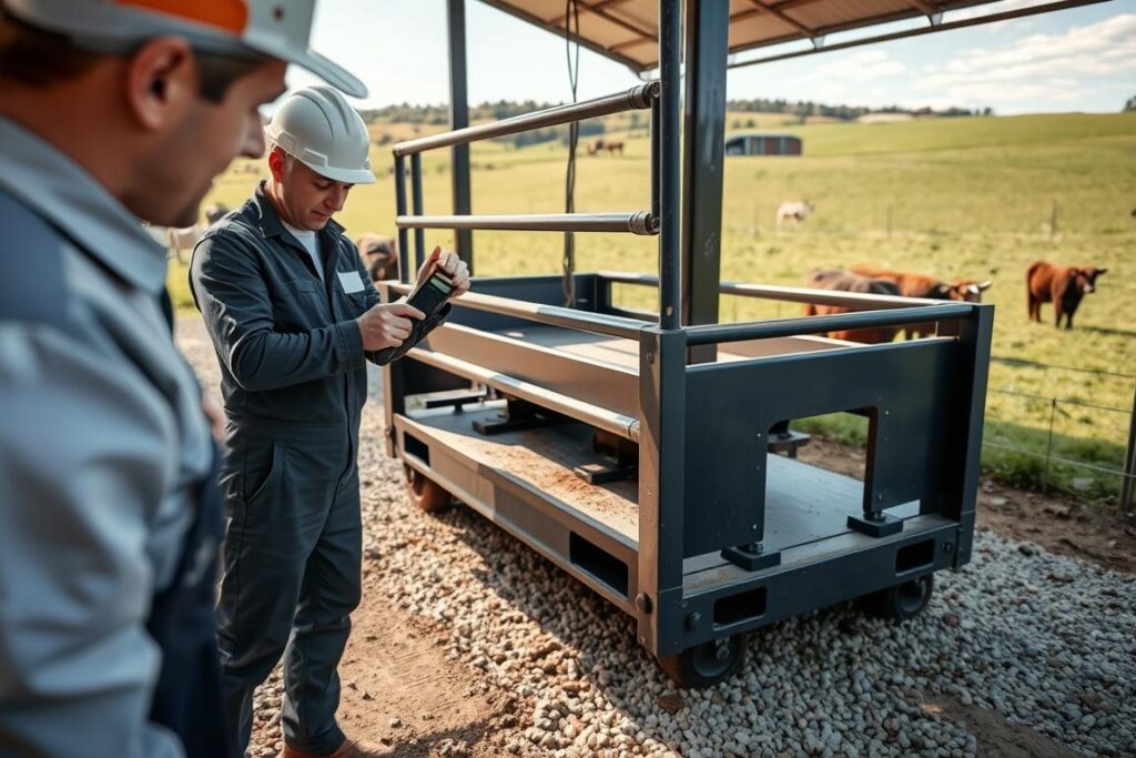A detailed scene depicting the maintenance of a cattle scale in a farm environment. In the foreground, focus on a technician in professional work attire, carefully inspecting the scale, using tools such as a wrench and a digital measuring device. In the middle ground, show the scale itself, robust and heavy-duty, set on a gravel path with clear markings for weight measurement. To the background, include a peaceful farm landscape with green pastures and a few grazing cattle under bright, natural daylight, suggesting an atmosphere of productivity and care. Use a slightly elevated angle to capture both the technician and the scale clearly, emphasizing the technical maintenance process while conveying a sense of dedication to livestock management.