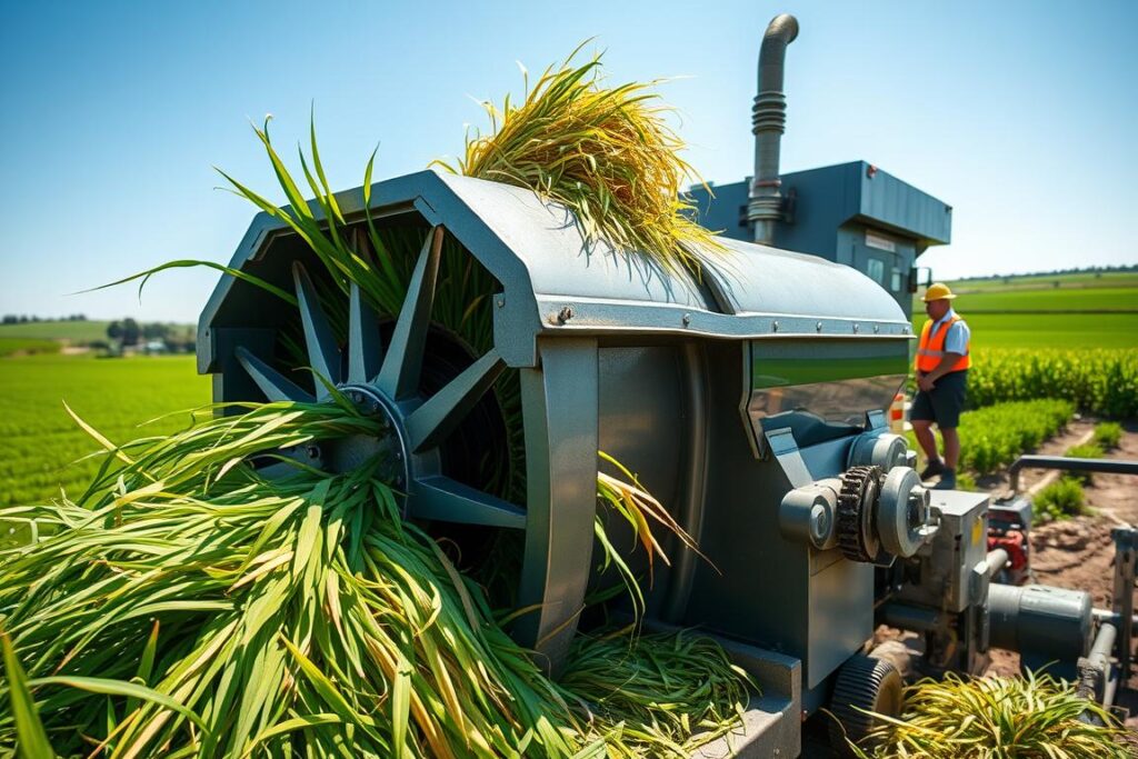 A detailed scene of a forage processor in action, specifically a heavy-duty shredder designed for grass and sugarcane. In the foreground, showcase the powerful machine with sharp, rotating blades, feeding in vibrant green grass and golden sugarcane. In the middle ground, workers in professional work attire carefully monitor the operation, ensuring efficiency and safety. The background features a rural farm landscape under clear blue skies, with rolling green fields. Soft natural light highlights the machine's metallic surfaces and enhances the texture of the foraged material being processed. Capture the industrious atmosphere, emphasizing the challenges of processing different crops effectively and the intricate mechanics of modern agricultural equipment. A detailed scene of a forage processor in action, specifically a heavy-duty shredder designed for grass and sugarcane. In the foreground, showcase the powerful machine with sharp, rotating blades, feeding in vibrant green grass and golden sugarcane. In the middle ground, workers in professional work attire carefully monitor the operation, ensuring efficiency and safety. The background features a rural farm landscape under clear blue skies, with rolling green fields. Soft natural light highlights the machine's metallic surfaces and enhances the texture of the foraged material being processed. Capture the industrious atmosphere, emphasizing the challenges of processing different crops effectively and the intricate mechanics of modern agricultural equipment.