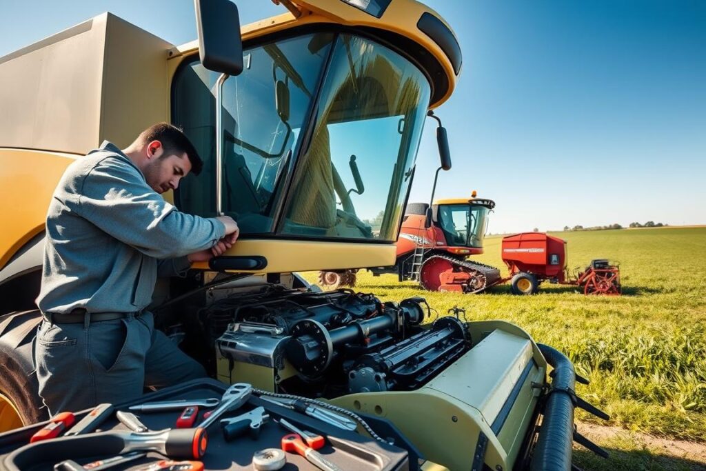 A detailed scene of preventive maintenance on agricultural equipment, centrally featuring a professional technician in modest casual clothing inspecting a modern forage harvester. In the foreground, the technician is examining the machine's engine compartment with various tools laid out on a nearby workbench. The middle ground shows the forage harvester parked under a bright sun, highlighting its intricate mechanisms with oil stains glistening in the light. In the background, a lush green field expands, dotted with other farming machinery, conveying a sense of an active farm landscape. The atmosphere is industrious yet calm, with clear blue skies and soft shadows enhancing the focus on maintenance tasks. Captured from a slightly elevated angle, the image brings depth and clarity to the equipment and surroundings. A detailed scene of preventive maintenance on agricultural equipment, centrally featuring a professional technician in modest casual clothing inspecting a modern forage harvester. In the foreground, the technician is examining the machine's engine compartment with various tools laid out on a nearby workbench. The middle ground shows the forage harvester parked under a bright sun, highlighting its intricate mechanisms with oil stains glistening in the light. In the background, a lush green field expands, dotted with other farming machinery, conveying a sense of an active farm landscape. The atmosphere is industrious yet calm, with clear blue skies and soft shadows enhancing the focus on maintenance tasks. Captured from a slightly elevated angle, the image brings depth and clarity to the equipment and surroundings.