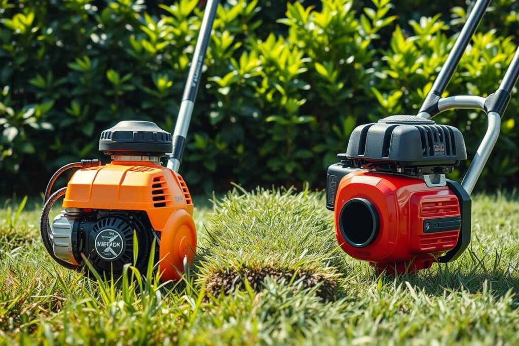 A detailed side-by-side comparison image showcasing a 2-stroke and a 4-stroke brushcutter (roçadeira) in a lush garden setting. In the foreground, the 2-stroke brushcutter, stylized in a bright color scheme, features visible engine components and fuel lines, surrounded by freshly cut grass. Next to it, the 4-stroke model, designed with a larger engine and a more rugged finish, is shown with a smooth operation indicator, with rich green foliage in the backdrop. The middle ground displays a neatly trimmed section of grass, hinting at its practical use for small properties. The scene is illuminated by soft, natural sunlight, emphasizing the tools’ durability and efficiency. The mood is informative, reflecting a practical, outdoor environment.