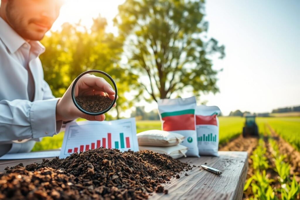 A detailed soil analysis scene in an agricultural setting. In the foreground, a professional agronomist in smart casual attire examines soil samples with a magnifying glass, showcasing grains of soil rich in texture. In the middle ground, various charts and graphs depicting fertilization economics are displayed on a wooden table, with a few fertilizer bags neatly arranged beside them. The background features a lush green field under a bright blue sky, with distant farming equipment adding depth. Soft sunlight filters through the trees, creating a warm, inviting atmosphere that highlights the importance of soil health and effective fertilization strategies for maximizing agricultural profits. The composition should evoke a sense of professionalism and opportunity in sustainable farming practices.