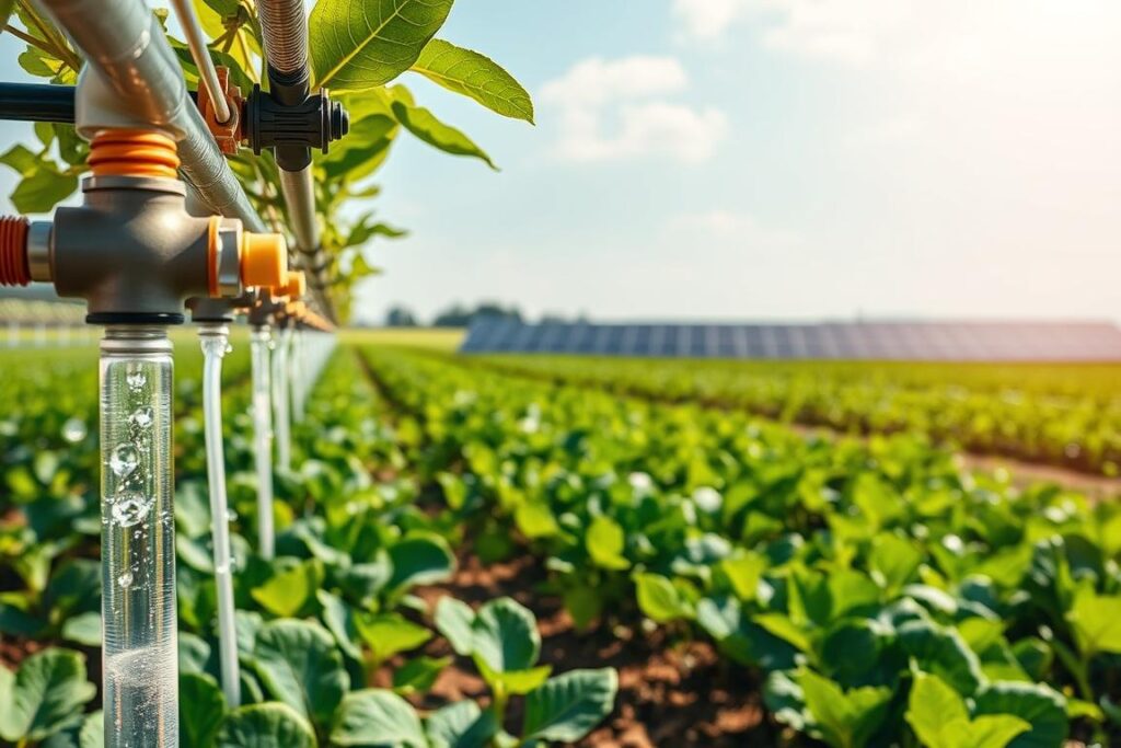 A modern agricultural field showcasing a precision fertigation system in action, illustrating efficient nutrient distribution. In the foreground, a close-up of a drip irrigation system with clear, visible pipes and connectors, water droplets glistening under bright sunlight. The middle ground features lush green crops, thriving and healthy, benefitting from the nutrient-rich water. In the background, a distant view of a field equipped with solar panels, highlighting energy efficiency. The atmosphere is vibrant and productive, conveying the importance of sustainable agriculture. Soft, natural lighting creates a warm tone, while a wide-angle perspective captures the expanse of the cultivated land. The image should evoke a sense of innovation and environmental responsibility.