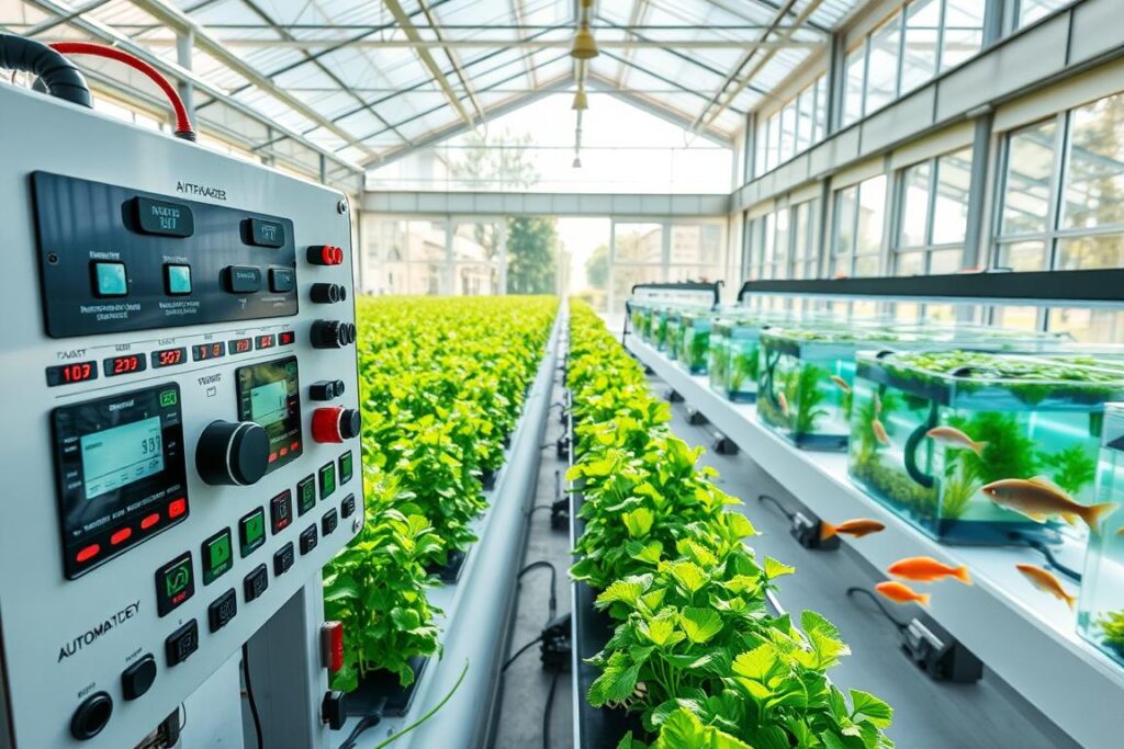 A modern aquaponics system in a well-lit greenhouse, featuring a comprehensive automation setup. In the foreground, showcase a sleek control panel with digital displays and sensors monitoring water quality, plant growth, and fish health. The middle ground displays rows of vibrant, healthy plants growing in nutrient-rich water alongside aquariums filled with lively fish. In the background, large windows allow natural sunlight to flood the space, creating an uplifting and productive atmosphere. The lighting is bright and inviting, emphasizing the innovative technology used in the system. Capture a sense of harmony between nature and technology, with an angle that highlights the integration of automated sensors in the sustainable farming environment.