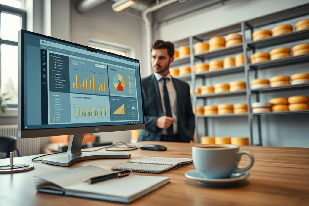A modern cheese factory software interface displayed on a sleek computer screen in a bright, airy office. In the foreground, a well-organized desk featuring a notebook, pen, and a cup of coffee complements the technology. In the middle ground, a professional in business attire is examining data visualization charts related to cheese production efficiency and traceability, showcasing the software's features. The background reveals shelves lined with various cheese products and a window casting natural light into the space, enhancing a sense of productivity and innovation. The atmosphere conveys a blend of professionalism and a passion for quality food production, emphasizing modern agricultural practices. The angle is a slight overhead shot to capture all elements harmoniously.