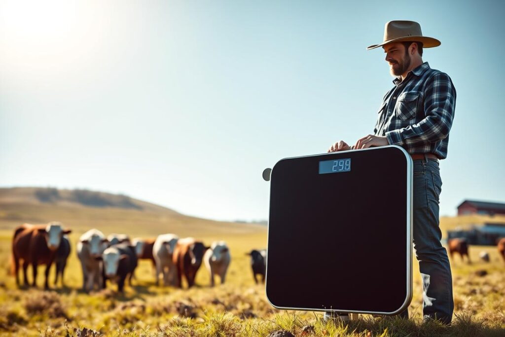 A modern electronic scale for cattle, prominently displayed in the foreground, featuring a digital readout and sleek design perfect for agricultural use. The scale is positioned on a grassy field with a herd of various cattle in the background, grazing peacefully under a clear blue sky. The sun casts warm, natural lighting, creating a bright and inviting atmosphere that showcases the scale's features. A farmer in professional attire stands next to the scale, examining the digital display with interest, conveying the importance of accurate measurements. A picturesque farm landscape surrounds them, with rolling hills and a barn subtly visible in the distance, enhancing the rural setting. The overall mood is one of productivity and care for livestock management.