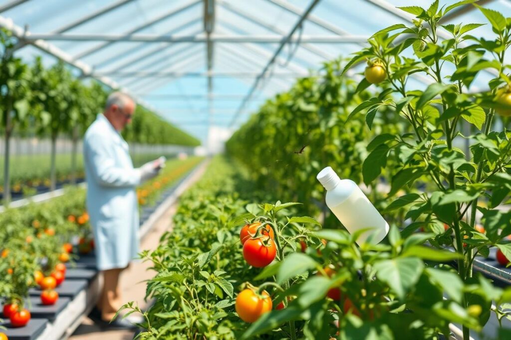 A modern greenhouse environment focused on biological pest control. In the foreground, a diverse range of healthy plants, including tomatoes and peppers, are seen thriving under clear, bright sunlight. In the middle ground, a person wearing a lab coat and gloves carefully applies an organic pesticide, demonstrating the methodical planning of application timing. The background features rows of plants and a clear blue sky peeking through the glass panels of the greenhouse. Soft natural lighting highlights the vibrant colors of the plants and the biodegradable products used. The overall mood is one of tranquility and diligence, emphasizing a sustainable and effective approach to agriculture.