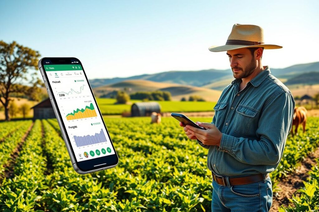 A modern smartphone displaying a user-friendly agricultural management app with graphs and financial data visible on the screen, set against a rural backdrop of a small, thriving farm. In the foreground, a farmer in modest casual clothing is intently analyzing the app, surrounded by farm elements like crops, tools, and livestock. The middle ground features a rich, green field with rows of crops and a rustic barn, bathed in warm, natural sunlight that filters through the trees. The background shows rolling hills under a clear blue sky, creating a serene and productive atmosphere. The image should be vibrant and convey a sense of technology enhancing farm management, focusing on financial control and cost analysis.