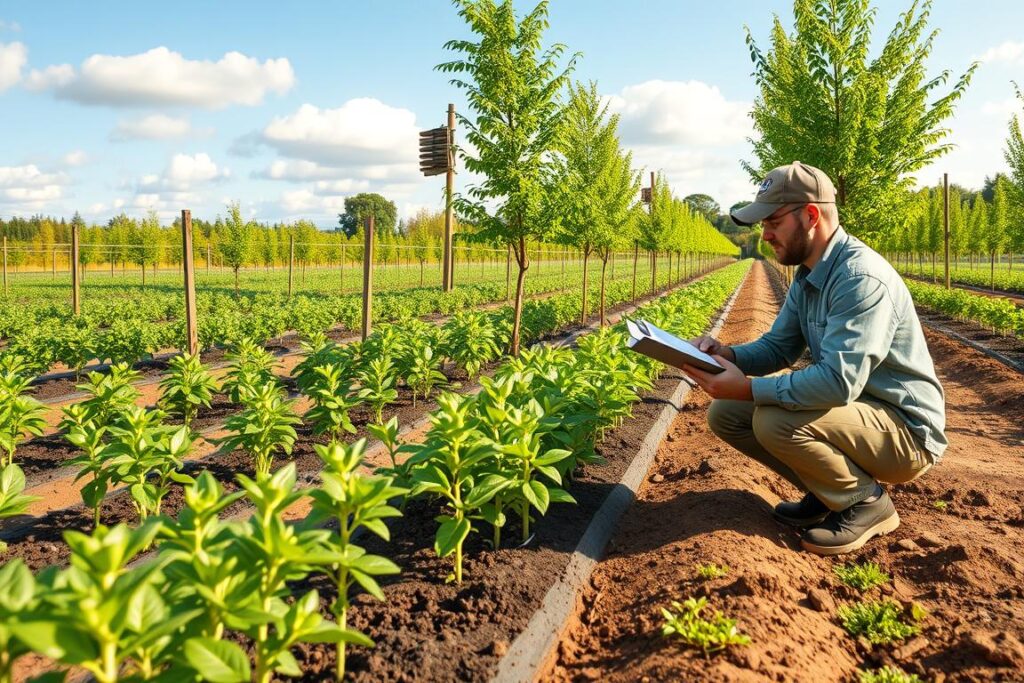 A picturesque nursery garden showcasing robust saplings and seedlings in designated planting rows. In the foreground, a professional gardener, dressed in modest work attire, kneels beside healthy plants, inspecting them closely with a clipboard in hand. Sturdy fences border the nursery, while in the middle ground, vibrant green trees and well-tended rows of various plants create a lush landscape, symbolizing potential growth. A soft golden sunlight bathes the scene, illuminating the fresh leaves and casting gentle shadows. In the background, a clear blue sky with a few fluffy clouds enhances the serene atmosphere, emphasizing the importance of careful cultivation. The mood is optimistic and focused, reflecting the commitment to overcome common challenges in plant mortality.