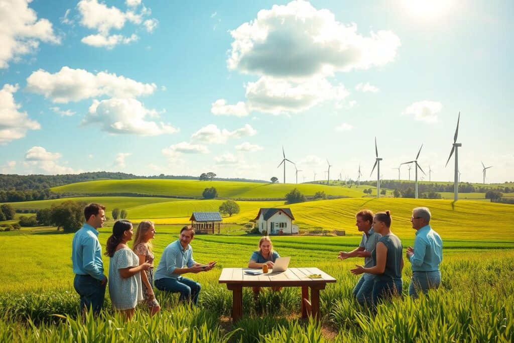 A picturesque rural landscape illustrating sustainable living in a community. In the foreground, a diverse group of individuals in professional casual attire engage in a lively discussion around a small farm table, showcasing collaboration and integration. In the middle, vibrant green fields dotted with crops and a small, modern farmhouse reflect a harmonious blend of nature and technology. A solar panel and a wind turbine can be seen, emphasizing renewable energy sources. The background features lush hills under a bright blue sky with fluffy clouds, symbolizing a thriving environment. The image is illuminated by warm, golden sunlight, creating an inviting and hopeful atmosphere. Capture this scene with a slight aerial angle to encompass both the community activities and the expansive landscape.
