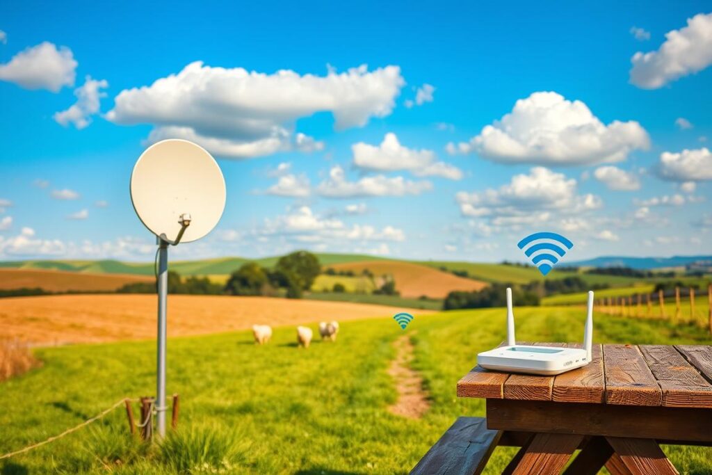 A picturesque rural landscape showcasing two distinct internet connection methods for a farmhouse. In the foreground, a modern satellite dish on the roof is complemented by a nearby portable 4G LTE router on a wooden picnic table. In the middle, a lush green field stretches out, featuring a few sheep grazing and a dirt path leading toward a small garden with Wi-Fi symbols subtly integrated into the plants. The background reveals distant rolling hills under a blue sky with fluffy white clouds. The lighting is warm and natural, suggesting a late afternoon ambiance, enhancing the feeling of connectivity amidst nature. The scene exudes a sense of security, innovation, and harmony between technology and rural life.