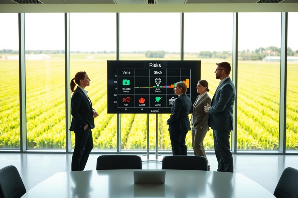 A professional business meeting scene set in a bright, modern conference room. In the foreground, a diverse group of three professionals dressed in smart business attire are discussing a projected graph showcasing the risks and rewards of investing in processed rural foods. The middle layer features a large digital screen displaying key terms: A professional business meeting scene set in a bright, modern conference room. In the foreground, a diverse group of three professionals dressed in smart business attire are discussing a projected graph showcasing the risks and rewards of investing in processed rural foods. The middle layer features a large digital screen displaying key terms: