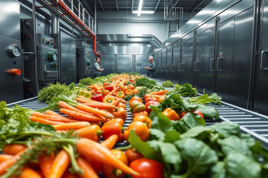 A professional, modern cold storage facility focusing on the pre-cooling of fresh vegetables and fruits. In the foreground, showcase an array of vibrant vegetables like carrots, bell peppers, and leafy greens being placed on cooling racks, glistening with condensation. In the middle ground, illustrate workers in modest casual apparel, carefully monitoring advanced cooling equipment, with visible dials and screens displaying temperatures. The background features large, stainless steel cold storage rooms with soft, diffuse lighting, emphasizing a clean and efficient atmosphere. Use a wide-angle perspective to encompass the scale of the facility, with warmth from the cool colors evoking freshness and the importance of rapid cooling post-harvest. The mood should convey a sense of urgency and professionalism, highlighting the crucial steps in preserving produce quality.