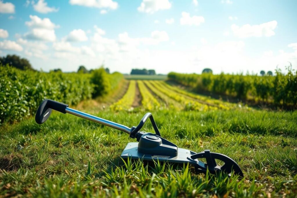 A rural landscape showcasing the best cost-effective brush cutter for small properties. In the foreground, a sturdy and efficient brush cutter rests on a grassy patch, with details highlighting its robust build and functional features, such as sharp blades and ergonomic handles. In the middle, a small agricultural field is visible, surrounded by lush green vegetation, indicating a well-maintained property. The background features a clear blue sky with soft, white clouds, casting gentle sunlight on the scene, creating a warm and inviting atmosphere. The angle is slightly elevated, providing a comprehensive view of the equipment and its surroundings, emphasizing practicality and reliability for rural use.