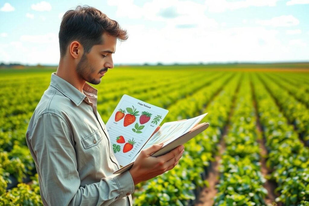 A serene agricultural landscape showcasing a professional, focused individual examining various crop charts on a clipboard, wearing modest casual clothing. In the foreground, the person is actively comparing colorful illustrations of high-value crops like strawberries, herbs, and microgreens. The middle ground features a lush green field with vibrant rows of crops, demonstrating diversity in agriculture. In the background, a bright blue sky with soft white clouds creates a hopeful atmosphere. Soft, warm lighting accentuates the rich colors of the plants and the determination on the individual’s face. The scene captures an agricultural consultant's meticulous approach to selecting the best crops for a small plot, emphasizing strategy and careful planning without any distractions.