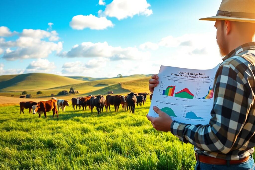 A serene countryside landscape showcasing a lush, green pasture bustling with healthy cows grazing. In the foreground, a farmer in professional attire examines a detailed chart on livestock management, with colorful graphs illustrating the costs of increasing pasture occupancy. In the middle ground, a herd of cows can be seen, efficiently utilizing the lush grass, epitomizing improved land use. In the background, rolling hills under a bright blue sky with soft, fluffy clouds highlight the idyllic farming environment. The lighting is warm and inviting, suggesting a sunny afternoon, emphasizing the richness of the grass and the vitality of the animals. The overall mood conveys a sense of productivity and prosperity in sustainable farming practices. A serene countryside landscape showcasing a lush, green pasture bustling with healthy cows grazing. In the foreground, a farmer in professional attire examines a detailed chart on livestock management, with colorful graphs illustrating the costs of increasing pasture occupancy. In the middle ground, a herd of cows can be seen, efficiently utilizing the lush grass, epitomizing improved land use. In the background, rolling hills under a bright blue sky with soft, fluffy clouds highlight the idyllic farming environment. The lighting is warm and inviting, suggesting a sunny afternoon, emphasizing the richness of the grass and the vitality of the animals. The overall mood conveys a sense of productivity and prosperity in sustainable farming practices.