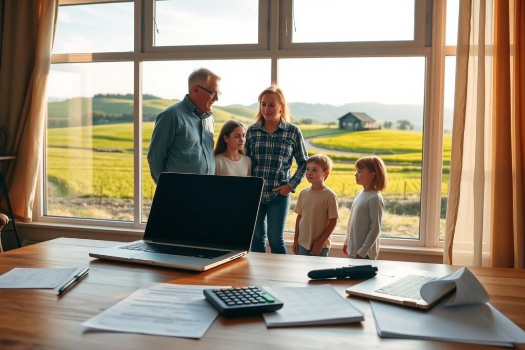 A serene countryside scene capturing the essence of financial preparation for leaving the city. In the foreground, a neatly organized workspace features a wooden desk with a laptop, financial documents, and a calculator, symbolizing careful planning. In the middle ground, a family of four—parents in modest casual clothing and their children—discuss their financial goals, their expressions thoughtful and optimistic. Behind them, a window reveals a picturesque rural landscape of rolling hills, vibrant green fields, and a small farmhouse in the distance, bathed in warm, golden afternoon sunlight. The ambiance is tranquil and hopeful, reflecting the beginning of a new chapter in their lives. The image is captured from a slightly elevated angle, creating a sense of warmth and introspection.
