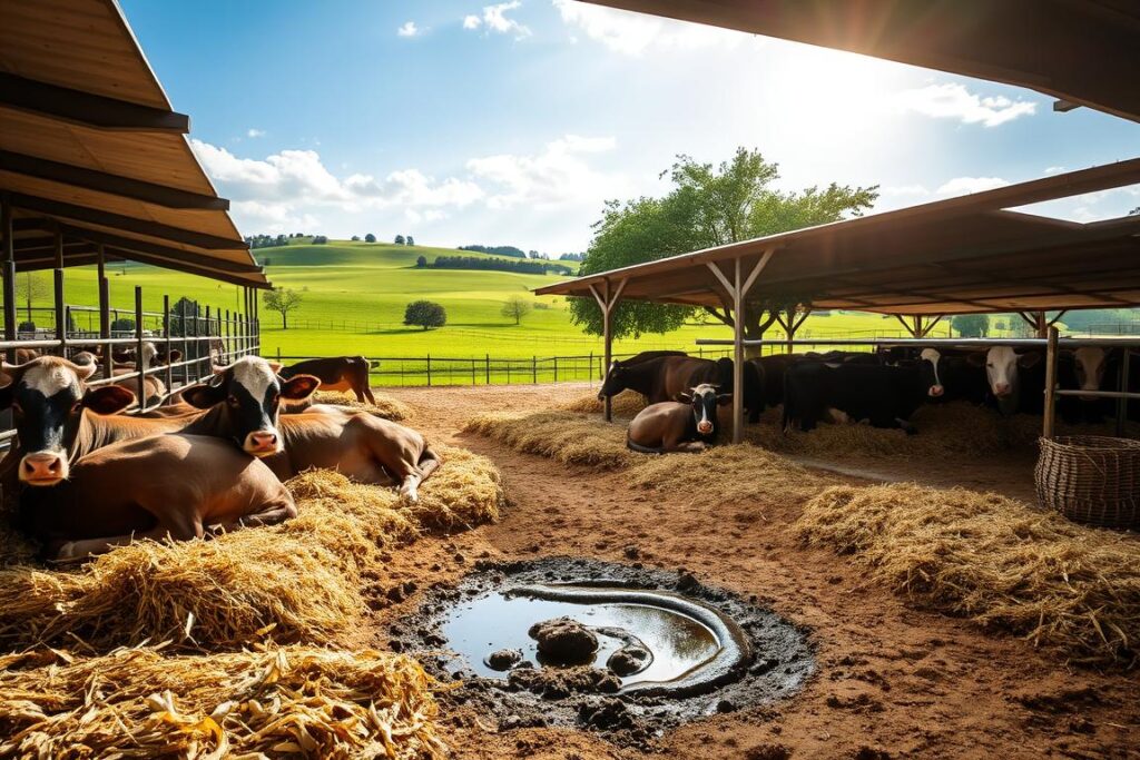 A serene dairy cattle environment showcasing a well-managed barn setting. In the foreground, a group of healthy cows resting on clean, dry bedding surrounded by soft hay, exuding tranquility and comfort. The middle ground features shaded areas provided by well-structured shelters, with trees and canopies offering respite from the sun. A small puddle of mud reflects the light, suggesting careful management of moisture. In the background, rolling green pastures stretch under a bright blue sky, with a gentle sun illuminating the scene. The atmosphere is peaceful and nurturing, capturing the essence of an optimal dairy farm environment. Soft, natural lighting enhances the tranquility, and the angle is slightly elevated, providing a comprehensive view of the setup.