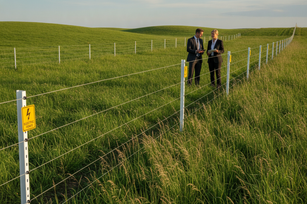 A serene farm landscape showcasing an electric fence system designed for dividing pastures effectively. In the foreground, a sturdy electric fence with well-insulated posts and warning signs adheres to safety norms, with a few grasses swaying gently in the breeze. The middle ground features a pair of professional individuals in business attire inspecting the fence, discussing technical specifications and safety practices. The background displays rolling green hills under a clear blue sky, providing a tranquil yet focused atmosphere. The lighting is soft and natural, suggesting early morning or late afternoon, casting long shadows that accentuate the details of the fence. The composition should emphasize professionalism and adherence to safety standards without any distractions or text. A serene farm landscape showcasing an electric fence system designed for dividing pastures effectively. In the foreground, a sturdy electric fence with well-insulated posts and warning signs adheres to safety norms, with a few grasses swaying gently in the breeze. The middle ground features a pair of professional individuals in business attire inspecting the fence, discussing technical specifications and safety practices. The background displays rolling green hills under a clear blue sky, providing a tranquil yet focused atmosphere. The lighting is soft and natural, suggesting early morning or late afternoon, casting long shadows that accentuate the details of the fence. The composition should emphasize professionalism and adherence to safety standards without any distractions or text.
