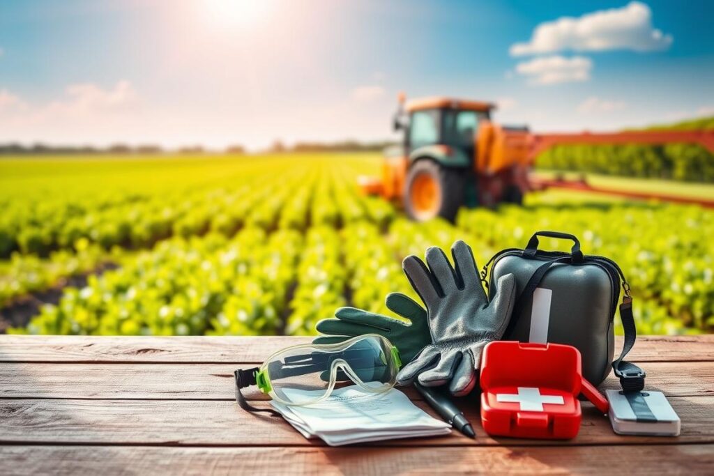 A serene outdoor scene showcasing a well-organized layout of farming tools and safety gear, positioned on a wooden table. In the foreground, neatly arranged items such as gloves, safety goggles, and a first aid kit symbolize safety precautions. The middle ground features a vibrant, green crop field under a clear blue sky with soft sunlight illuminating the scene, creating a warm and inviting atmosphere. The background presents a blurred image of farm machinery and thriving plants, suggesting productivity. The overall image conveys a sense of responsibility and care for safety in agricultural practices, highlighting the importance of using protective measures while enhancing productivity.
