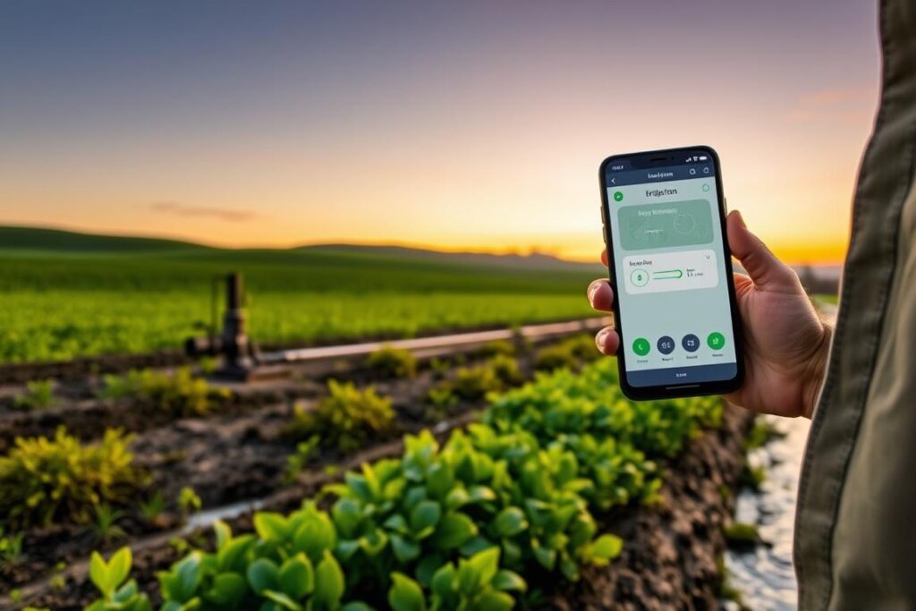 A serene rural landscape at dusk, featuring a modern smartphone in a farmer's hand, displaying an irrigation control app interface. In the foreground, a well-maintained garden with vibrant green plants and a subtle hint of water sprouting from the ground. The middle ground showcases a high-tech water pump system, integrated with sensors and pipes, while a gentle stream runs alongside it. In the background, rolling hills under a twilight sky, painted with hues of orange and purple, add depth to the scene. The atmosphere is calm and hopeful, emphasizing the blend of technology and nature. Soft, warm lighting illuminates the farmer, who is wearing practical outdoor attire, showcasing their connection to the land while efficiently managing irrigation through their mobile device.