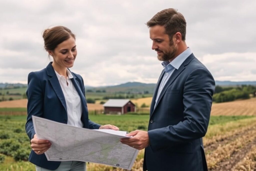 A serene rural landscape depicting risk management and contingency planning in agriculture. In the foreground, a professional couple dressed in smart casual attire examines a detailed map of a farm, symbolizing strategic planning. In the middle ground, there are fields with crops and a small barn, representing agricultural livelihood. Rolling hills and an overcast sky in the background depict a sense of unpredictability yet potential. Soft, diffused natural lighting enhances the tranquil atmosphere, while a wide-angle perspective captures the expansive landscape. The scene conveys a mood of preparedness and resilience, emphasizing the importance of having a plan B in the agribusiness context.
