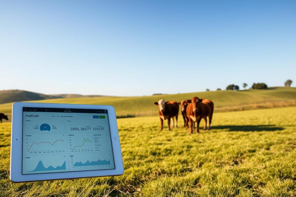 A serene rural landscape featuring a high-tech remote monitoring system for cattle. In the foreground, a sleek tablet displays real-time data, with graphs and metrics related to cattle health and pasture management. In the middle, a group of healthy cattle grazes peacefully on lush green grass, their tags visible, suggesting tracking technology. The background showcases rolling hills under a clear blue sky, with distant fences and trees providing a sense of depth. The lighting is warm and inviting, casting soft shadows that enhance the tranquility of the scene. The atmosphere is one of technological advancement in agriculture, promoting better decision-making for livestock management, with a focus on efficiency and sustainability. A serene rural landscape featuring a high-tech remote monitoring system for cattle. In the foreground, a sleek tablet displays real-time data, with graphs and metrics related to cattle health and pasture management. In the middle, a group of healthy cattle grazes peacefully on lush green grass, their tags visible, suggesting tracking technology. The background showcases rolling hills under a clear blue sky, with distant fences and trees providing a sense of depth. The lighting is warm and inviting, casting soft shadows that enhance the tranquility of the scene. The atmosphere is one of technological advancement in agriculture, promoting better decision-making for livestock management, with a focus on efficiency and sustainability.