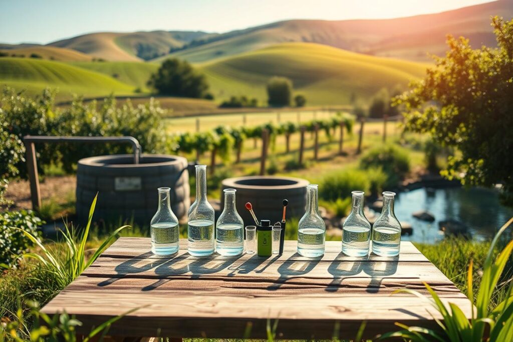 A serene rural setting depicting a successful water quality analysis. In the foreground, a professional in casual business attire is examining water samples using scientific equipment, such as flasks and pH meters, on a wooden table surrounded by lush greenery. The middle ground features a pristine well and a natural spring, with clear water reflecting the sunlight. In the background, rolling hills under a bright blue sky add depth to the scene. Lighting is warm and inviting, producing a sense of optimism and success. The atmosphere is peaceful yet focused, conveying the importance of proper water diagnostics for agricultural productivity.