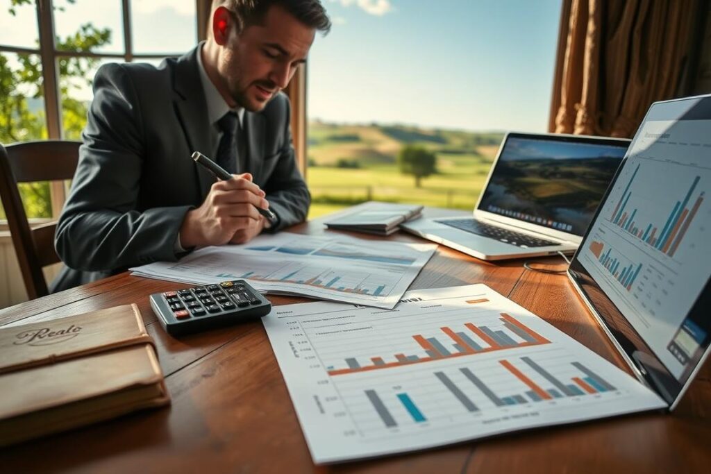 A serene rural workspace scene depicting a detailed financial spreadsheet on a wooden table in the foreground. A person in professional business attire, focused and thoughtful, is analyzing the budget with a pen in hand, surrounded by greenery outside a window. In the middle ground, there are rustic elements like a vintage ledger, a calculator, and a laptop showing charts and graphs of expenses related to moving from an urban to a rural environment. The background features a picturesque rural landscape with rolling hills and a clear blue sky, symbolizing a new life ahead. Soft, natural light filters through the window, creating a warm, inviting atmosphere that conveys careful planning and optimism for the future.