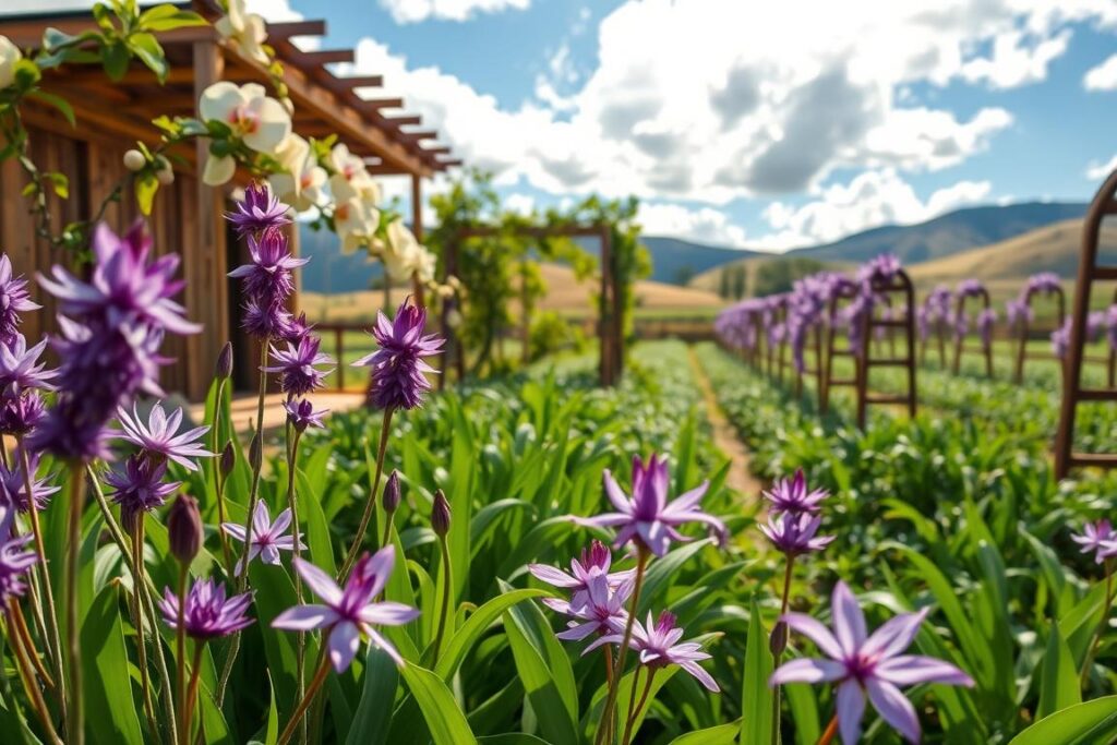 A serene small farm scene featuring vibrant saffron flowers in the foreground, their delicate purple petals contrasting with the deep green foliage. Intertwined among them are lush vanilla orchids climbing on trellises, with their glossy leaves and clusters of creamy white flowers. The middle ground reveals neatly arranged rows of the saffron plants, set against a rustic wooden shed, suggesting a quaint rural setting. In the background, gentle hills and a bright blue sky filled with soft white clouds create an idyllic atmosphere. The warm sunlight bathes the scene, casting soft shadows and highlighting the colors. The perspective is slightly elevated, offering a panoramic view of the thriving crops, reinforcing the narrative of high-value cultivation. The mood is peaceful and prosperous, reflecting the potential of these rare products.