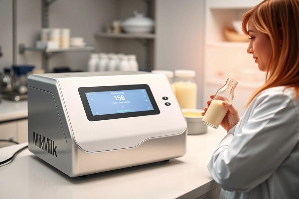 A sleek and modern ultrasonic milk analyzer displayed on a clean, white laboratory countertop, with its digital screen showcasing clear, precise measurements. In the foreground, a professional wearing a lab coat examines the device with a thoughtful expression, holding a sample bottle of milk. The middle ground highlights the analyzer with soft, natural lighting that emphasizes its metallic finish and digital interface. In the background, blurred laboratory equipment and milk sample containers create a scientific atmosphere. The lens captures the device at a slight angle to showcase its features, conveying professionalism and the importance of quality assurance in small dairy operations. The overall mood is one of innovation and reliability in milk quality testing.