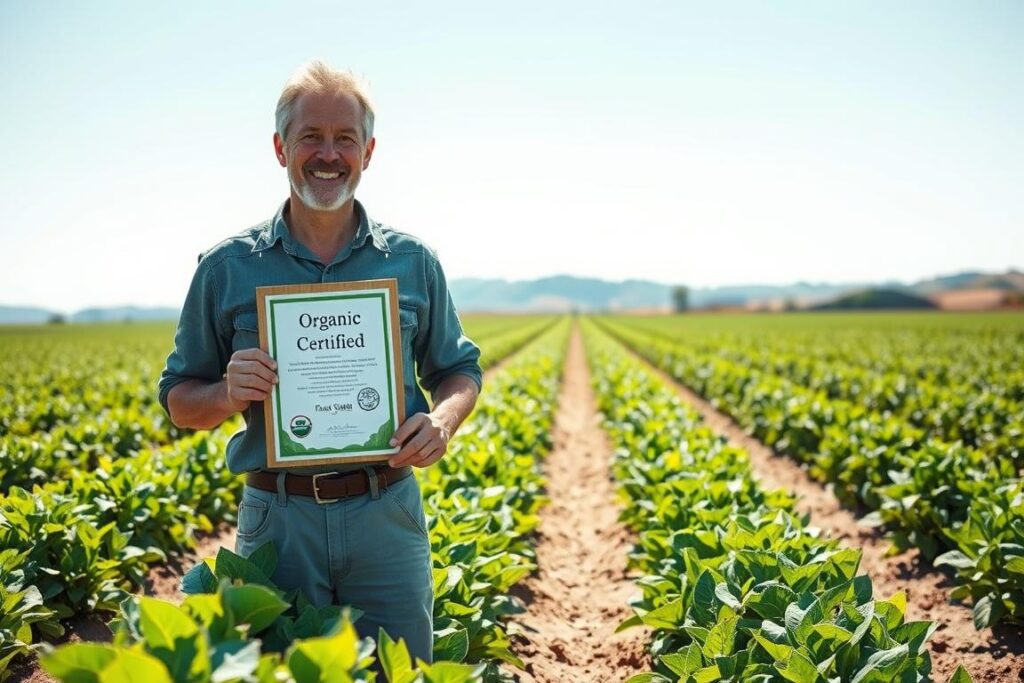 A small-scale organic farmer holding a certification document in an open, sunlit field, with green crops in the foreground. The farmer, a middle-aged person dressed in modest casual clothing, smiles with pride while standing next to a wooden sign that reads 