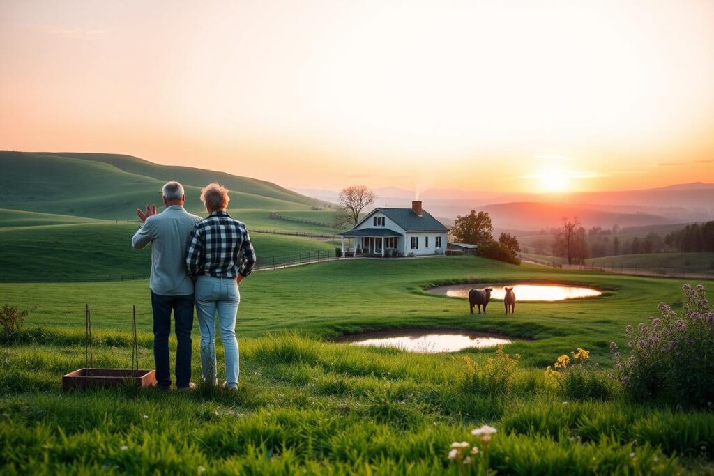 A tranquil rural landscape at dawn, showcasing a blend of rolling green hills and vibrant farmland. In the foreground, a couple in modest casual clothing is engaged in activities such as tending to a small garden and observing farm animals, reflecting their exploration of rural life. In the middle ground, a cozy farmhouse with smoke gently rising from the chimney sits beside a small, serene pond, surrounded by flourishing wildflowers. The distant background features a soft sunrise illuminating the sky in shades of orange and pink, creating a warm, inviting atmosphere. The scene conveys a sense of peace, opportunity, and the charm of rural living, with a focus on the couple’s thoughtful approach to this new lifestyle. Natural lighting enhances the idyllic setting, captured with a wide-angle lens.